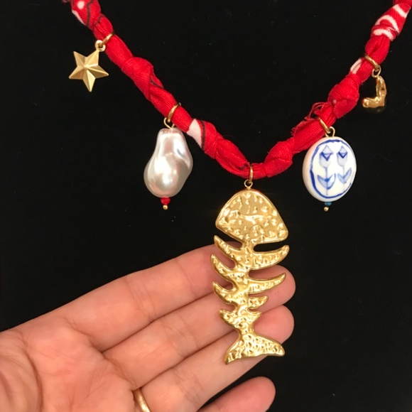 2 piece bandana necklaces , evil eye, beach themed, fish bone - Picture 5 of 7